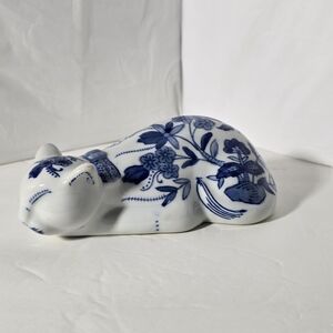 Floral Blue and White Ceramic Cat Sculpture